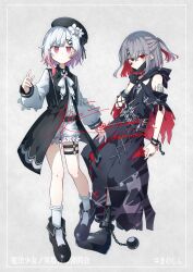 2girls absurdres artist_name bandaged_arm bandaged_leg bandages bandaid bandaid_on_face bare_shoulders belt belt_collar beret black_choker black_coat black_dress black_gloves black_hat black_hood black_mask black_shoes black_tank_top center_frills chest_sarashi choker closed_mouth coat collar collared_coat colored_inner_hair commentary_request copyright_name crossed_bangs cuffs dress flower flower-trimmed_shorts flower-trimmed_sleeves frilled_socks frills full_body gauze_on_arm gloves gradient_hair grey_hair hair_between_eyes hair_flower hair_ornament hat hat_flower hat_ribbon highres hood hood_down ki_no_nekko long_sleeves looking_at_viewer mahou_shoujo_no_majo_saiban mask mask_pull mouth_mask multicolored_hair multiple_girls nail_polish neck_ribbon o-ring o-ring_thigh_strap pants pink_eyes pink_hair red_eyes red_hair red_nails ribbon sakuraba_ema sarashi shackles shirt shito_alisa shoes short_hair shorts signature sleeveless sleeveless_coat socks stitched_face stitches tank_top thigh_strap twitter_username white_flower white_hair white_pants white_ribbon white_shirt white_shorts white_sleeves white_socks x_hair_ornament