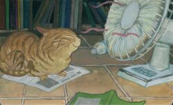  animal animal_focus book bottle cat closed_eyes closed_mouth commentary electric_fan english_commentary highres indoors kellypringleart lying no_humans on_stomach open_book orange_cat original paper plastic_bottle profile smile striped_fur tabby_cat tile_floor tiles water_bottle 