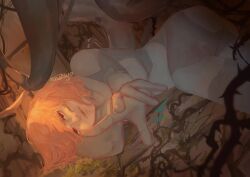  1girl abandoned android artist_name cable closed_mouth cytus cytus_ii half-closed_eyes indoors looking_at_viewer lying metal_skin on_side outstretched_arm pink_hair plant reaching reaching_towards_viewer red_eyes short_hair skin_seams solo tearing_up thorns vanessa_(cytus) vines xenshiyo 