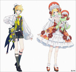 1boy 1girl :d aqua_eyes belt black_ribbon black_shorts black_socks blonde_hair blue_eyes bonnet bow bowtie collared_shirt commentary copyright_notice dress floral_print flower frilled_dress frilled_socks frills full_body gradient_hair green_bow green_hair green_necktie green_vest hair_ornament hair_ribbon hakusai_(tiahszld) hand_on_own_chest hat high_heels holding holding_stuffed_toy kagamine_len kagamine_rin legwear_garter lineup lolita_fashion long_sleeves looking_at_viewer mary_janes mini_hat mini_top_hat multicolored_hair necktie open_mouth orange_dress ouji_fashion puffy_long_sleeves puffy_sleeves red_bow red_dress ribbon shirt shoes short_hair shorts simple_background sleeves_past_wrists smile socks standing striped_clothes striped_socks stuffed_animal stuffed_toy teddy_bear thigh_belt thigh_strap top_hat untranslatable_commentary vertical-striped_clothes vertical-striped_socks vest vocaloid white_background white_belt white_bow white_dress white_hat white_ribbon white_shirt white_socks yellow_necktie 