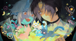  1boy 1girl absurdres asaba_harumasa asaba_harumasa_(cat) black_background black_cat black_hair blue_cat blue_horns blue_oni blue_skin book cat choker colored_skin commentary crayon drawing_(object) ear_piercing earrings fangs glasses grass hair_between_eyes hair_between_horns hair_over_one_eye headband hhhye_tw highres holding holding_book holding_crayon horns hoshimi_miyabi hoshimi_miyabi_(cat) imagining jewelry looking_at_object multiple_cats musical_note oni open_mouth piercing pill pink_cat pointy_ears red_eyes shirt short_eyebrows short_hair skin-covered_horns smile smiley_face soukaku_(cat) soukaku_(zenless_zone_zero) star_(symbol) teeth thick_eyebrows tsukishiro_yanagi tsukishiro_yanagi_(cat) untranslatable_commentary upper_teeth_only white_cat white_hair white_shirt yellow_eyes yellow_headband zenless_zone_zero 