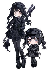  1girl ammunition_pouch arm_belt artist_name asymmetrical_gloves bandaged_arm bandaged_hand bandages black_choker black_coat black_dress black_gloves black_hair black_hat black_pantyhose black_ribbon black_shoes chibi chibi_inset choker coat collared_dress commentary_request dress full_body gloves goggles goggles_on_headwear grey_eyes gun hair_ornament hat highres kurobe_nanoka leg_belt long_hair mahou_shoujo_no_majo_saiban neck_ribbon pantyhose plaid_clothes plaid_dress pouch ribbon rifle shoes signature simple_background twintails twitter_username weapon white_background yamete_ne 