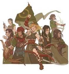  2girls 5boys abi-kamikakushi aelirenn animal_on_shoulder apron arm_guards arm_up arm_wrap armband arrow_(projectile) artist_name bandana banner battle_standard belt belt_pouch black_eyes blonde_hair bomb_belt bow_(weapon) braid bright_pupils brown_apron brown_belt brown_eyes brown_gloves brown_hair brown_sash brown_shirt brown_shoes brown_shorts clenched_hand cloak commentary crossed_arms crown_of_thorns cutlass detached_sleeves drawing_bow eibhear_hattori elbow_gloves eldain_(the_witcher) elf english_commentary facepaint facial_mark feather_hair_ornament feathers fingerless_gloves floating_hair fur_shirt gloves green_armband green_cloak green_shirt green_skirt grey_sash gwent_(game) hair_bun hair_ornament hairband half_up_braid highres holding holding_arrow holding_banner holding_bow_(weapon) holding_instrument holding_lute holding_sword holding_weapon instrument iorveth isengrim_faoiltiarna leg_wrap long_hair long_shirt long_skirt long_sleeves lute_(instrument) multiple_boys multiple_girls obi obiage obijime pointy_ears pouch raised_fist red_bandana red_hairband red_sash red_sleeves sash scar scar_on_arm scar_on_face shirt shoes short_hair short_sleeves shorts shorts_under_skirt shoulder_belt side_slit sidelocks simple_background single_detached_sleeve single_hair_bun skirt sleeveless sleeveless_shirt squirrel sword the_witcher_(series) the_witcher_1 the_witcher_2 the_witcher_3 thronebreaker:_the_witcher_tales vernossiel war_banner weapon white_background white_pupils yaevinn 