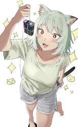  1girl :3 absurdres animal_ear_fluff animal_ears aqua_shorts barefoot breasts cat_ears cat_girl cat_tail clothes_pull collarbone commentary_request drawstring earrings foot_up_heel_up grey_hair grey_shirt highres holding holding_string jewelry large_breasts mevius multiple_earrings open_mouth satou_yaniko shirt short_hair short_sleeves shorts shorts_pull simple_background solo star-shaped_pupils star_(symbol) string symbol-shaped_pupils tail takusijun77 white_background white_shirt yani_neko 