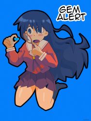  1girl absurdres artist_name azumanga_daioh azumanga_daioh's_school_uniform black_eyes black_hair black_outline black_socks blue_background blush_stickers commentary english_commentary english_text full_body gem highres holding holding_gem jacket long_hair meme open_mouth outline pleated_skirt pookekalt red_jacket red_skirt sakaki_(azumanga_daioh) school_uniform simple_background skirt socks solo spyglass 