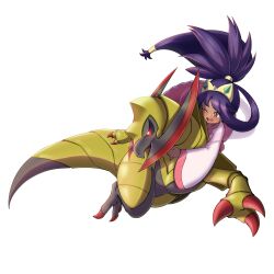  1girl :d ;d absurdres brown_eyes commentary hair_rings happy haxorus highres hug iris_(pokemon) long_hair long_sleeves negaska one_eye_closed open_mouth pink_skirt pokemon pokemon_(creature) pokemon_black_2_and_white_2 purple_hair scarf see-through_clothes see-through_scarf shirt skirt smile teeth transparent_background upper_teeth_only white_shirt wide_sleeves 