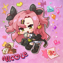  absurdres amillion_(zenless_zone_zero) anby_demara billy_kid black_ribbon black_shorts blush character_name coin commentary crop_top earrings erty113 full_body gem green_eyes hair_ornament hair_ribbon hairclip heart heart_earrings highres holding holding_coin jewelry long_hair micro_shorts mole mole_on_thigh mole_under_eye nekomiya_mana nicole_demara open_mouth paper pink_background pink_hair ribbon shorts smile strapless thigh-highs torn_clothes torn_thighhighs tube_top two_side_up untranslatable_commentary white_tube_top zenless_zone_zero 