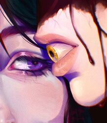  2girls alien_stage black_blood black_hair blood colored_blood commentary english_commentary eyeball highres holding holding_eyeball kyuurya looking_at_another mizi_(alien_stage) mouth_hold multiple_girls sua_(alien_stage) violet_eyes yellow_eyes zombie_stage 