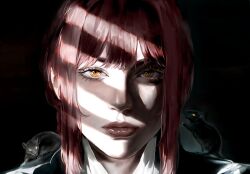 1girl animal animal_on_shoulder bangs chainsaw_man lips looking_at_viewer makima_(chainsaw_man) mouse_(animal) portrait red_hair vhdart