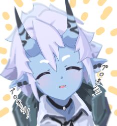  1girl blue_horns blue_oni blue_skin blush closed_eyes colored_skin commentary_request from_above hair_between_eyes hair_between_horns horns jacket multicolored_horns oni open_mouth pointy_ears raizo_opus shirt short_hair simple_background smile solo soukaku_(zenless_zone_zero) two-tone_horns white_hair white_shirt zenless_zone_zero 