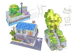  absurdres architecture awning berry_(pokemon) building commentary_request cross-section east_asian_architecture flower flower_bed gate grass highres hoothoot lamppost leppa_berry no_humans plant pokemon pokemon_pokopia railing road sanegesan simple_background sketch slowbro stairs street traffic_cone translation_request tree white_background 