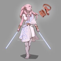  1girl alien artist_name blue_lightsaber boots bracelet colored_skin dress dual_wielding energy_sword full_body grey_background highres holding holding_sword holding_weapon jewelry joan_grace lightsaber nautolan pink_eyes pink_skin simple_background solid_eyes solo star_wars sword tentacle_hair thigh_boots weapon web_address white_boots white_dress 