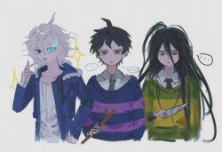  ... 3boys :d ahoge black_hair blue_jacket blush chara_(undertale) chara_(undertale)_(cosplay) collared_shirt commentary_request cosplay cropped_torso danganronpa_(series) danganronpa_2:_goodbye_despair drawstring dress_shirt frisk_(undertale) frisk_(undertale)_(cosplay) fur-trimmed_hood fur_trim glowing glowing_eye highres hinata_hajime holding holding_knife holding_stick hood index_finger_raised jacket kamukura_izuru knife komaeda_nagito korean_commentary multiple_boys red_eyes sans_(undertale) sans_(undertale)_(cosplay) shirt simple_background smile sparkle spoken_ellipsis stick striped_clothes striped_sweater sweater undertale upper_body utdr_(toby_fox) utsucnan white_background white_hair white_shirt 