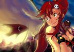  boota breasts cape desert looking_back mushi22 mushimushi ponytail red_hair redhead smile studded_bracelet sunset sword tears tengen_toppa_gurren_lagann weapon yellow_eyes yoko_littner yoko_ritona 