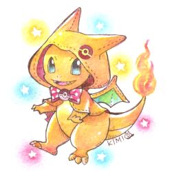  blue_eyes bow capelet charizard charizard_(cosplay) charmander claws commentary_request cosplay fangs fire flame-tipped_tail full_body greenaokimi hood hooded_capelet looking_at_viewer no_humans nostrils orange_capelet painting_(medium) pokemon pokemon_(creature) polka_dot polka_dot_bow solo tail traditional_media watercolor_(medium) 