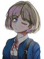  1girl bag blonde_hair blue_eyes blue_shirt closed_mouth collar glowing gokeng_(iamgokengz_) half-closed_eyes highres layered_hair looking_at_viewer love_live! love_live!_superstar!! red_rope rope school_uniform shiny_eyes shirt short_hair tang_keke white_background 