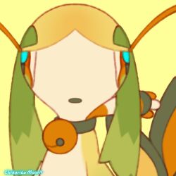  animal_focus artist_name bell collar commentary english_commentary green_fur jingle_bell looking_at_viewer mew_mew_chikorita_moon neck_bell no_humans orange_eyes orange_fur original pokemon pokemon_(creature) signature simple_background solo standing upper_body yellow_background 