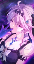  1girl ahoge bare_shoulders biting biting_glove blue_eyes blue_hair bow breasts closed_mouth colored_inner_hair denia_(wuthering_waves) dress gloves hair_bow hair_intakes hair_ornament highres long_hair looking_to_the_side medium_breasts mia_mia multicolored_hair pink_hair red_gloves sky smile solo space star_(sky) starry_sky violet_eyes white_dress wuthering_waves 