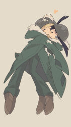  2girls artist_name biting black_hair blonde_hair blue_eyes cheek-to-cheek cheek_press chito_(shoujo_shuumatsu_ryokou) closed_eyes coat combat_helmet commentary_request creature_on_head floating full_body fur_trim green_coat green_pants heads_together heart helmet highres hood hood_down hug jacket long_hair long_sleeves low_twintails military military_jacket military_uniform multiple_girls one_eye_closed pants renren_(ah_renren) shoes shoujo_shuumatsu_ryokou simple_background sleeves_past_wrists stahlhelm tareme twintails yuri yuuri_(shoujo_shuumatsu_ryokou) 
