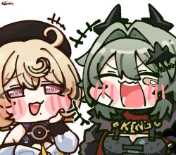  2girls bare_shoulders black_hat blonde_hair blush caesar_king_(zenless_zone_zero) chibi closed_eyes commentary detached_sleeves fur-trimmed_jacket fur_trim green_hair hair_between_eyes hair_intakes hat horns jacket looking_at_another mole mole_under_mouth multicolored_hair multiple_girls open_mouth shirt short_hair simple_background siu_(esiu3891) smile tentacle_girl violet_eyes white_background white_shirt yidhari_murphy zenless_zone_zero 