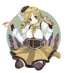  beret blonde_hair corset cup detached_sleeves drill_hair fingerless_gloves gloves hair_ornament hat kneeling magical_girl mahou_shoujo_madoka_magica puffy_sleeves reliance. saucer tea teacup thigh-highs thighhighs tomoe_mami twin_drills vertical-striped_legwear vertical_stripes yellow_eyes 