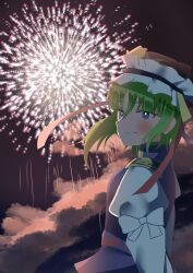  1girl absurdres asymmetrical_hair black_hat blue_eyes blue_skirt blue_vest blush closed_mouth clouds cloudy_sky commentary_request danmaku epaulettes fireworks frilled_hat frills from_side gasubanana green_hair hair_between_eyes hat highres juliet_sleeves long_sleeves medium_hair night no_lineart no_sclera outdoors puffy_sleeves shiki_eiki shirt sidelocks sideways_mouth skirt sky sleeve_bow smile solo split_mouth touhou upper_body vest white_shirt 