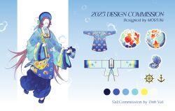  1girl animal_print ao_nhat_binh bag blue_pants brown_hair bubble_background commission faceless fish_print gem glasses highres khan_van long_hair moizuki original pants patterned_clothing pearl shoes shoulder_bag vietnamese_clothes wide_sleeves 