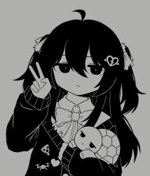 1boy 1girl badge broken_heart broken_heart_hair_ornament button_badge collared_shirt commentary dress_shirt evil_neuro-sama grey_background greyscale hair_between_eyes hair_ornament hair_ribbon heart heart_hair_ornament highres hororin long_hair long_sleeves monochrome off-shoulder_cardigan ribbon shirt simple_background turtle two_side_up upper_body vedal987 vedal_ai very_long_hair virtual_youtuber 