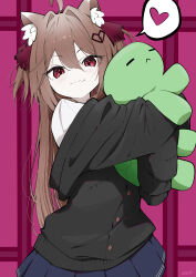  1girl absurdres ahoge animal_ear_fluff animal_ears animal_hug black_cardigan blue_skirt brown_hair cardigan cat_ears closed_eyes commentary evil_neuro-sama hair_between_eyes hair_intakes heart highres long_hair looking_at_viewer off_shoulder pleated_skirt skirt smile spoken_heart turtle two_side_up vedal987 vedal_ai virtual_youtuber white45838787 