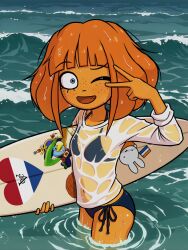  1girl bikini black_bikini blue_eyes blunt_bangs blunt_ends bob_cut breasts broistgruen commentary cowboy_shot dripping dutch_east_india_company dutch_flag english_commentary eyelashes freckles hand_up heart highres holding holding_surfboard kapitein_koek long_sleeves loose_hair_strand miffy miffy_(character) mymy_schoppenboer ocean one_eye_closed ongezellig orange_hair orange_skirt partially_submerged ripples see-through_clothes see-through_shirt shirt short_hair side-tie_bikini_bottom sidelocks skirt small_breasts solo standing surfboard surfing swimsuit t-shirt v v_over_eye wading waves wet wet_clothes white_shirt 