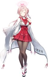  1girl arm_at_side bilingual_text black_pantyhose blue_archive blush braid braided_base breasts bun_with_braided_base cloak closed_eyes clothes_writing clothing_cutout colt_1903 double-parted_bangs facing_viewer flower_knot full_body game_asset gun hair_bun hair_ornament hakama hakama_skirt halo hand_up highres hip_vent holding holding_gun holding_weapon japanese_clothes large_variant_set layered_legwear legs legs_together light_blush long_hair long_sleeves medium_breasts mimori_(blue_archive) mixed-language_text nontraditional_miko official_art pantyhose pink_hair pink_halo red_hakama red_sailor_collar sailor_collar school_uniform serafuku shirt shirt_tucked_in sidelocks simple_background single_hair_bun skirt socks solo standing tabi tachi-e third-party_source transparent_background trigger_discipline u_u variant_set weapon white_cloak white_shirt white_socks 