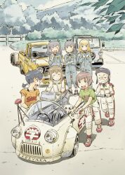  6+girls ^_^ avril_austin black_bow black_eyes black_hair blonde_hair blue_car blue_eyes blue_jacket blue_pants bow brown_hair car closed_eyes closed_mouth clothes_writing commentary_request day glasses gloves green_shirt grin hair_bow hair_ornament hand_up highres honda honda_vamos jacket jumpsuit kikuchi_karina kikuchi_serika kogure_yuzuha kotesashi_yayoi long_hair looking_at_another low_twintails mima_nonoka momose_riko motor_vehicle multiple_girls nissan nissan_sunny open_mouth orange_shirt outdoors panda_hair_ornament pants pickup_truck ponytail pushing_car round_eyewear sekihan shirt shoes short_hair short_sleeves short_twintails smile smiley_face sneakers spare_tire standing teamwork trailer tree truck twintails unused_tire vehicle_request walking white_car white_gloves white_jumpsuit white_shoes yellow_car zesshaka!_shiritsu_yotsuwa_joshi_gakuin_zetsumetsu_kigu-sha_gakka 