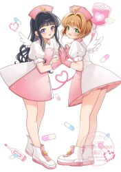  2girls angel_wings antenna_hair apron black_hair brown_hair cardcaptor_sakura collared_dress commentary_request daidouji_tomoyo dress flat_chest full_body gloves green_eyes hair_intakes hand_on_another's_hand hat highres intravenous_drip kinomoto_sakura long_hair looking_at_viewer momo-tako multiple_girls nurse nurse_cap open_mouth palms_together pill pink_apron pink_gloves pink_hat pink_shorts puffy_short_sleeves puffy_sleeves shoes short_hair short_sleeves shorts shorts_under_dress smile standing violet_eyes white_dress white_shoes white_wings winged_shoes wings 