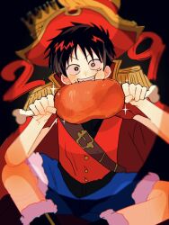  1boy black_background black_hair blue_shorts boned_meat coat coat_on_shoulders commentary eating epaulettes feet_out_of_frame food fur-trimmed_shorts fur_trim hat highres holding holding_food looking_at_viewer male_focus meat mni9i0 monkey_d._luffy one_piece pirate_hat red_vest scar scar_on_cheek scar_on_face short_hair shorts sitting solo sparkle straight-on straw_hat untranslatable_commentary vest 
