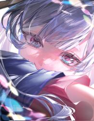  1girl aqua_eyes ashu_zones blue_sleeves center-flap_bangs cho_kaguya-hime! closed_mouth commentary_request double-parted_bangs eyelashes floating_hair grey_hair highres long_hair long_sleeves looking_at_viewer multicolored_eyes pink_eyes runami_yachiyo runami_yachiyo_(tsukuyomi) smile solo upper_body 