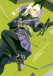  1girl arknights arm_rest black_bodystocking blue_eyes bodystocking breasts chinese_commentary commentary_request cross_scar dress english_text foot_out_of_frame gloves grey_gloves grey_hair gun hair_intakes handgun head_wings highres holding holding_gun holding_weapon irene_(arknights) irene_(the_adjudicatrix_and_her_resolve)_(arknights) knee_up konghao looking_at_viewer lying medium_breasts medium_hair official_alternate_costume on_back planted planted_sword purple_dress purple_sailor_collar sailor_collar sailor_dress scar scar_across_eye scar_on_face solo sword sword_earrings thigh_strap turning_head weapon wings 