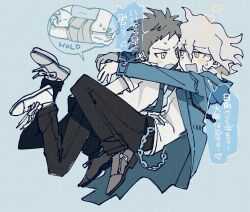  arm_hug blush bound bound_wrists brown_hair commentary_request danganronpa_(series) danganronpa_2:_goodbye_despair heart highres hinata_hajime jacket komaeda_nagito male_focus r9rpd sweatdrop white_hair 