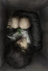  1boy a_xiao_shi_lei_lei_lei_~v~ aegyo_sal black_hair black_jacket box collared_shirt degrees_of_lewdity fingernails from_above green_eyes green_necktie hair_between_eyes hand_on_own_knee highres hugging_own_legs in_box in_container jacket knees_to_chest knees_up kylar_(degrees_of_lewdity) kylar_(male)_(degrees_of_lewdity) long_sleeves looking_at_viewer looking_up male_focus medium_hair necktie open_collar shirt simple_background sitting solo upside-down upturned_eyes white_shirt 