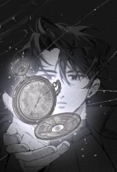  1boy black_coat black_hair black_shirt broken_glass coat commentary_request crack cracked_glass floating floating_object glass highres i_9158 korean_commentary korean_text object_floating_above_hand omniscient_reader's_viewpoint pocket_watch shirt watch yoo_joonghyuk 