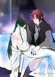  2boys bare_pectorals bed black_hanfu black_nails brown_hair brown_shoes chinese_clothes closed_eyes closed_mouth commentary_request corpse crosshatching curtained_hair dw_kqtsv fish gradient_filter green_hair grey_hanfu grey_pants hair_tubes half-closed_eyes hand_on_another's_back hand_on_another's_thigh hanfu hatching_(texture) head_down long_hair long_sleeves looking_at_another luo_binghe male_focus multiple_boys off_shoulder outline pants parted_bangs pectorals shen_qingqiu shoes sidelocks signature sitting sitting_on_lap sitting_on_person spoilers the_scum_villain's_self-saving_system toned toned_male twitter_username very_long_hair white_hanfu white_outline wide_sleeves zuiyin 