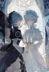  2girls absurdres black_bow black_dress black_flower black_ribbon black_rose black_wings blue_bow blue_eyes blue_ribbon blue_wings bow butterfly_wings candle candlestand closed_mouth clouds crescent dress fire flower frilled_dress frills hair_bun headdress highres holding holding_candlestand insect_wings lingdian_mengyou long_hair long_sleeves looking_at_viewer moon multiple_girls musical_note original red_eyes ribbon rose see-through_clothes see-through_sleeves sidelocks single_side_bun snowflakes sparkle standing transparent_wings white_dress white_flower white_hair white_headdress white_ribbon white_rose wings 