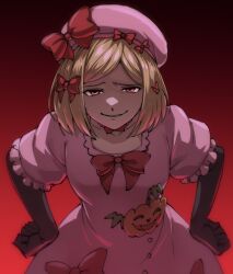  1girl absurdres beret blonde_hair bow commentary_request dnbt_260514 dress gradient_background hair_bow hands_on_own_hips hat hat_bow highres lambdadelta leaning_forward looking_at_viewer pink_dress pink_hat red_background red_bow red_eyes smile smug solo umineko_no_naku_koro_ni 