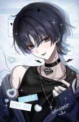  1boy :p absurdres alternate_costume bishie_sparkle bishounen black_choker black_hair black_horns black_sleeves black_tank_top black_wings blue_background blunt_ends casual character_name choker contemporary cross cross_necklace demon_boy demon_wings detached_horns detached_sleeves diffraction_spikes drop_shadow empty_eyes english_text eyeliner finger_under_clothes fingernails genshin_impact grey_nails head_tilt heart highres horns jacket jewelry korean_text long_sleeves looking_at_viewer makeup male_focus middle_ring necklace open_clothes open_jacket piercing portrait purple_jacket red_eyeliner red_pupils scaramouche_(genshin_impact) silver_necklace single_bare_shoulder single_off_shoulder sleeves_past_wrists solo sweatdrop talking_ok tank_top tongue tongue_out tongue_piercing translation_request tsurime violet_eyes wanderer_(genshin_impact) window_(computing) winged_heart wings wispy_bangs 