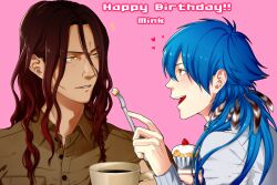  2boys blue_hair blush braid brown_eyes brown_hair brown_shirt buttons character_name coffee_mug commentary_request cup cupcake dramatical_murder feeding food fork happy_birthday heart highres kuwa_ayase long_hair looking_at_another male_focus mink_(dramatical_murder) mug multiple_boys notice_lines open_mouth parted_lips partially_unbuttoned pink_background seragaki_aoba shirt simple_background teeth 