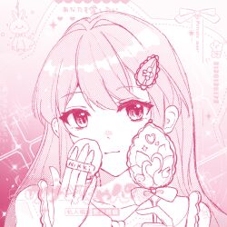  1girl aegyo_sal applying_makeup applying_own_makeup bare_shoulders bird bow character_name chinese_commentary closed_mouth commentary_request dot_nose eyelashes eyes_visible_through_hair fingernails flower frilled_straps gradient_background hair_between_eyes hair_flower hair_ornament hairclip hand_mirror happy heart heart_necklace holding holding_mirror jewelry long_hair looking_at_viewer mirror monochrome necklace nikki_(nikki) nikki_(series) pink_background pink_theme powder_puff sample_watermark smile solo sparkle swan tank_top tianweijuwan too_many_watermarks upper_body very_long_hair watermark 