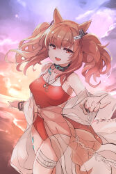  1girl absurdres angelina_(arknights) angelina_(summer_flower)_(arknights) animal_ears arknights bare_shoulders belt black_choker bracelet breasts brown_hair casual_one-piece_swimsuit choker clouds cloudy_sky commentary_request dress earpiece fox_ears fox_girl hair_ribbon haku_(grimjin) highres infection_monitor_(arknights) jewelry looking_at_viewer material_growth medium_breasts medium_hair necklace official_alternate_costume one-piece_swimsuit oripathy_lesion_(arknights) outdoors red_one-piece_swimsuit red_ribbon ribbon see-through_clothes see-through_dress sky sunset swimsuit thigh_belt thigh_strap thighs water 