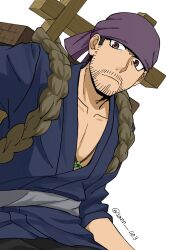  1boy bandana beard_stubble black_hair brown_eyes commentary_request facial_hair highres male_focus mustache_stubble pectoral_cleavage pectorals purple_bandana sann_003 simple_background solo stubble tadera_ryuu twitter_username yomi_no_tsugai 