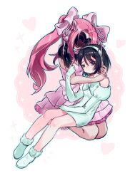  2girls absurdres alien_stage black_hair bob_cut boots bow chinese_commentary commentary_request dress dress_bow gloved_sleeves hair_bow hairband headset heart highres long_hair microphone mizi_(alien_stage) mizi_(zombie_stage) multiple_girls off-shoulder_dress off_shoulder pink_bow pink_dress pink_hair qi78069115 short_hair sitting sitting_on_lap sitting_on_person sua_(alien_stage) very_long_hair white_background white_boots white_bow white_dress white_hairband 