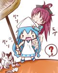  :3 ? biting blue_hair blue_shirt bow chibi dress hair_bow hat ikamusume ink kyubey mahou_shoujo_madoka_magica open_mouth red_hair redhead sakura_kyouko shinryaku!_ikamusume squid squid_ink tears tentacle_hair waving wavy_mouth white_dress 