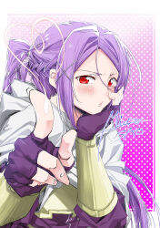  1121_mikisakura 1girl absurdres armor blush breastplate cloak commentary_request fingerless_gloves gloves hair_ornament heart highres long_hair mito_(sao) ponytail purple_gloves purple_hair purple_shirt red_eyes shirt solo sword_art_online white_cloak x_hair_ornament 